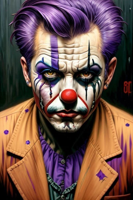 AI generated: older sad clown (style of Mike Deodato), oil painting, sharp, intricate details, street art, running...