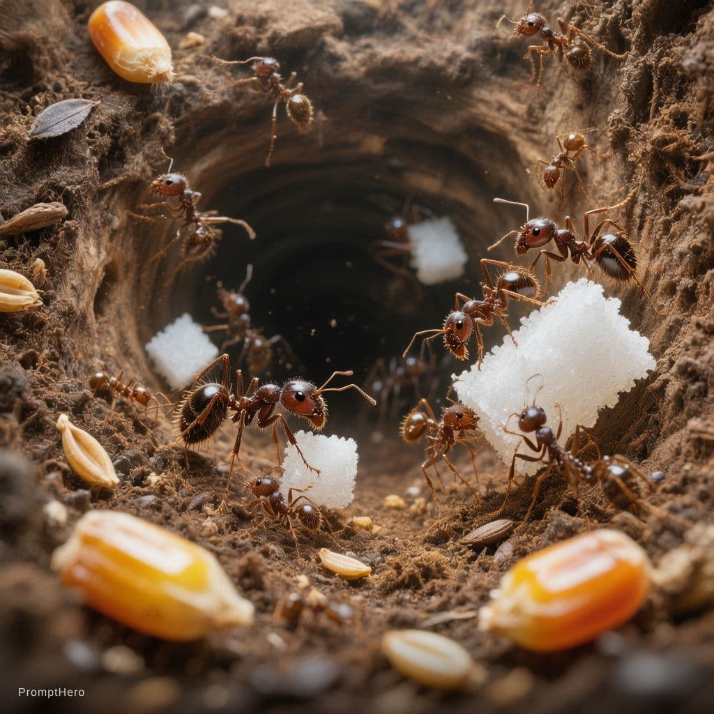 AI generated: Ultra realistic extreme macro tiny world photography inside a massive underground ant tunnel, dark b...