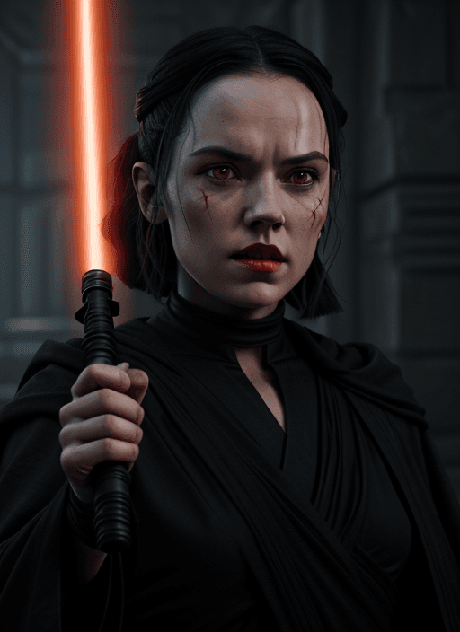 AI generated: Rey Skywalker (daisy ridley face) as sith in  Black Sith Robe, dark red lips, orange eyes from star ...