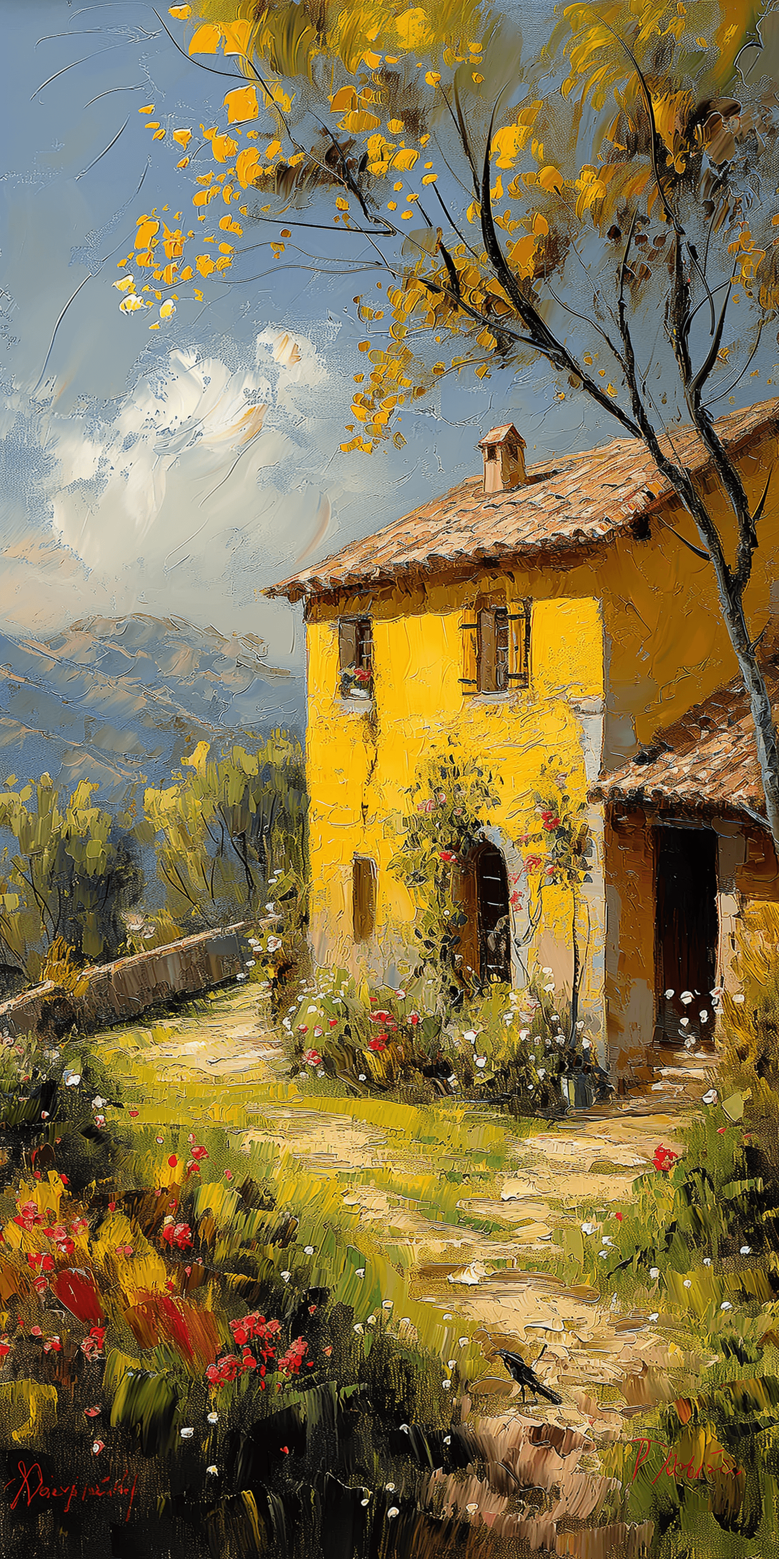 AI generated: impressionist painting on canvas of Provence, in the style of impressionist masters, warm colors, de...