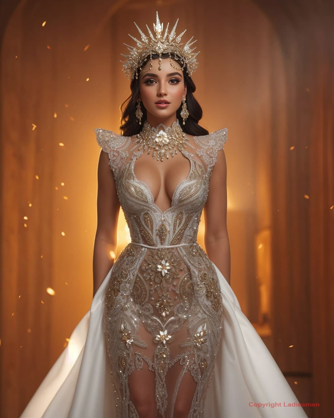 AI generated: wide angle, realistic photo bombshell 30 year old french women wearing sheer white dress with golden...