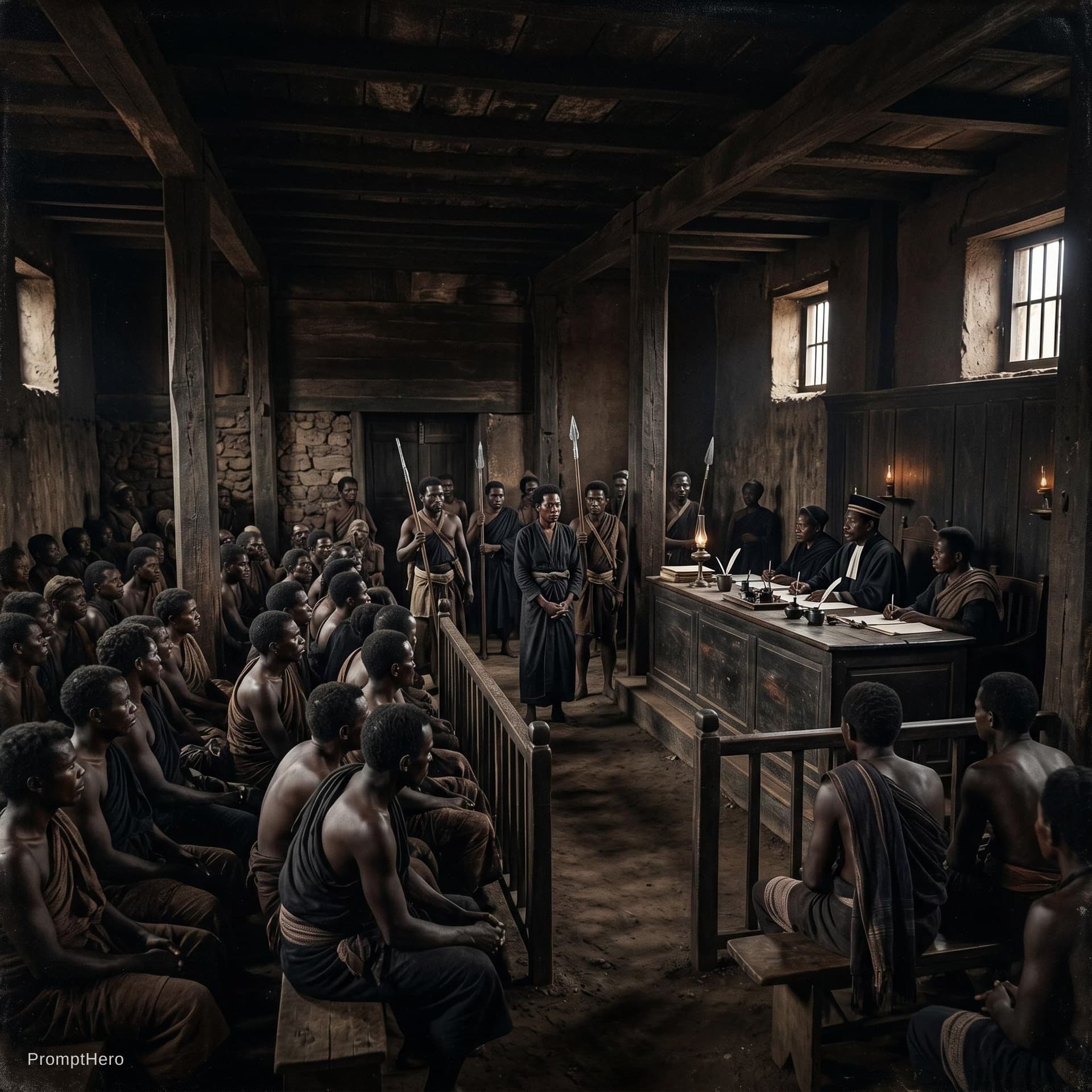 AI generated: dark courtroom background 1829  madagascar court dark brown dark black tones. photo realistic.
