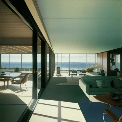 AI generated: Hyper realistic eye level exterior photo of a mid century modern style house overlooking the ocean, ...