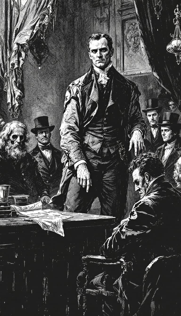 AI generated: An image in a Victorian Penny Dreadful comic style of a A courtroom sketch of a man on trial in Amer...