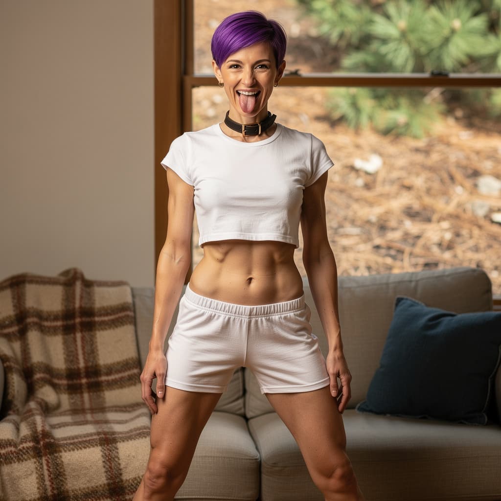 AI generated: Capture a very skinny fit adult woman standing in living room, wearing white, very small, tight cott...