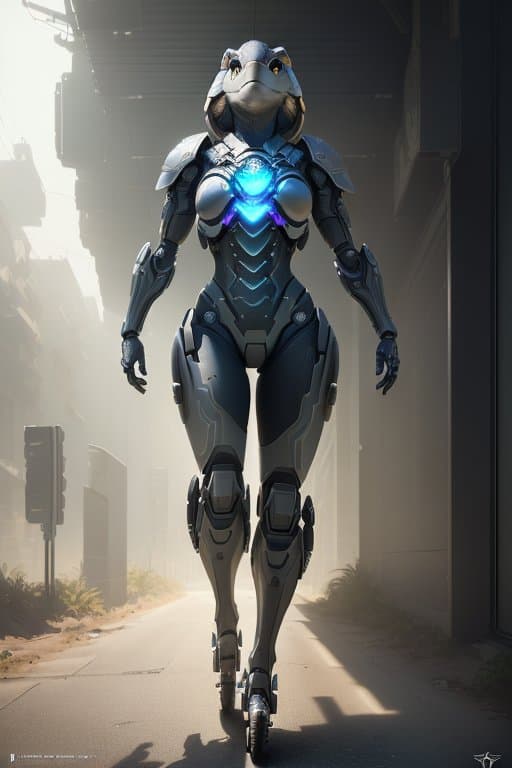 AI generated: (Portrait of a cybernetic turtle on wheels:1.2), full body, deadly face with power armor, ultra real...