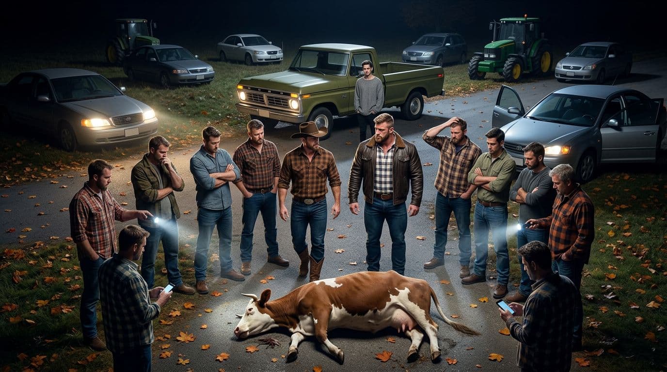 AI generated: In an Autumn night. The vintage olive green Ford pick up truck is parked between the other cars. All...