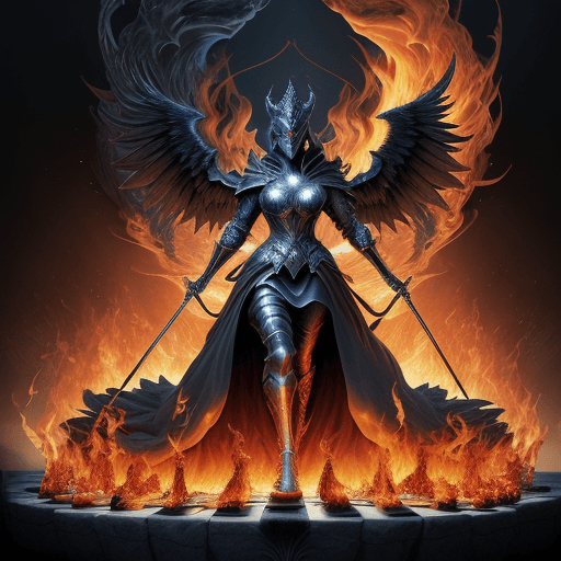 AI generated: Create an awe-inspiring digital painting of a mythical duel between an infernal knight and a divine ...