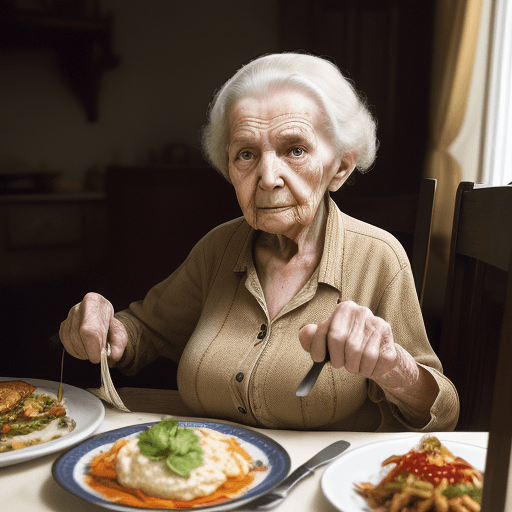 AI generated: High resolution photography, disgusting woman, 90 yo, sabbering in front of a meal, holding nothing ...