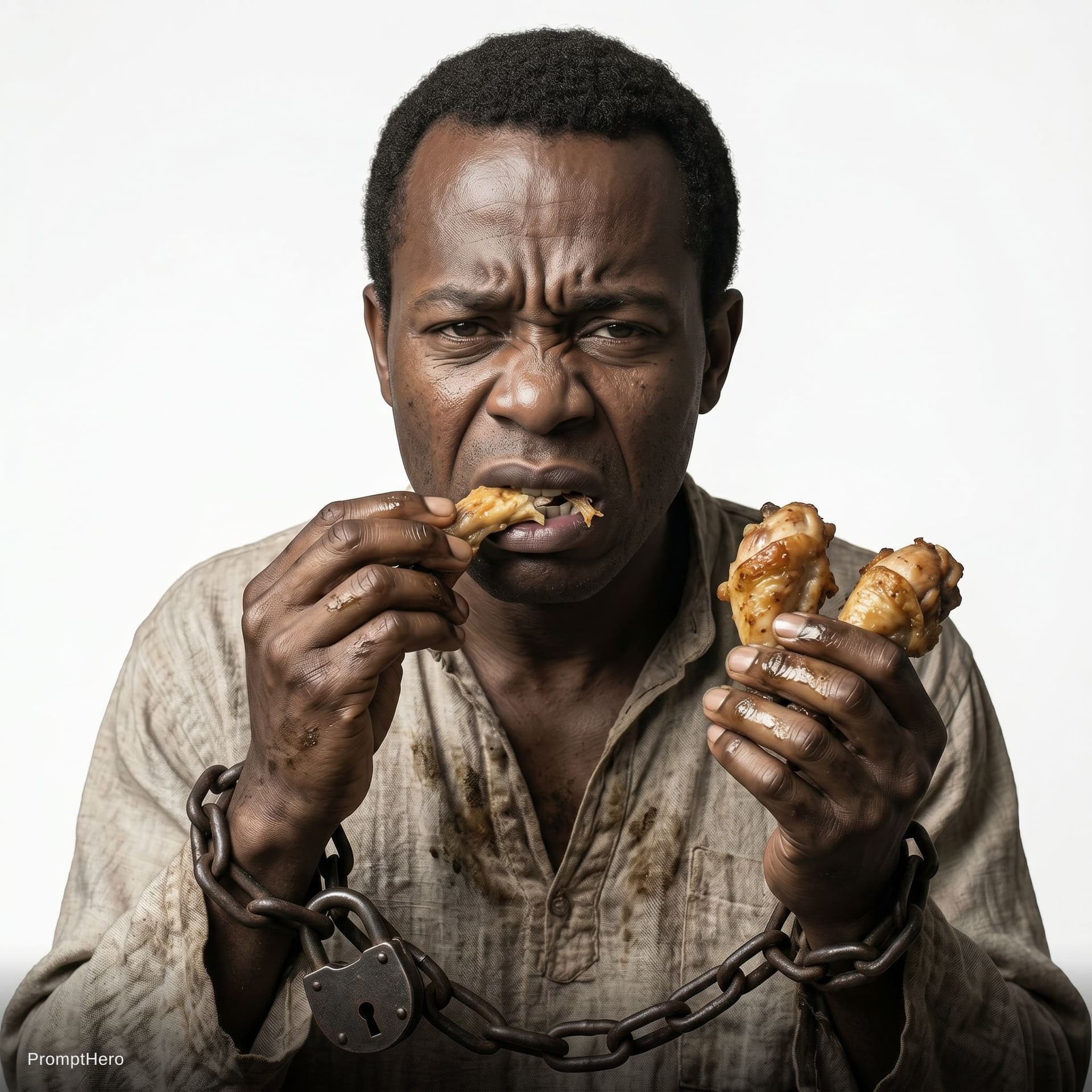 AI generated: make photo realistic photo of the person. I want the same face of the guy but he is chained with his...