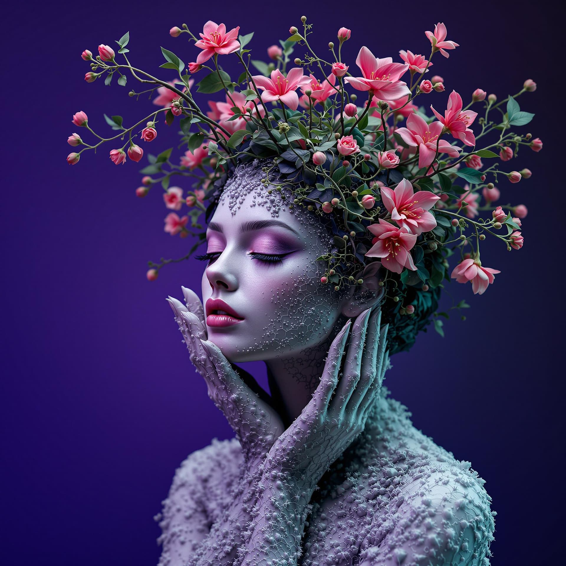 AI generated: « Une figure humanoïde surréaliste de femme entrelacée avec la nature, avec un corps recouvert de mo...