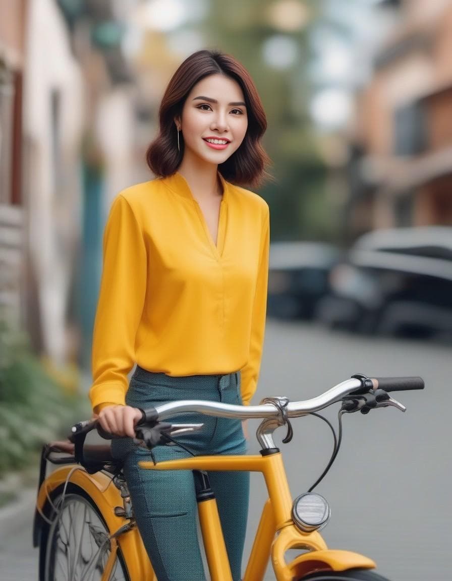 AI generated: outdoor sport, yellow bicycle, delicate face