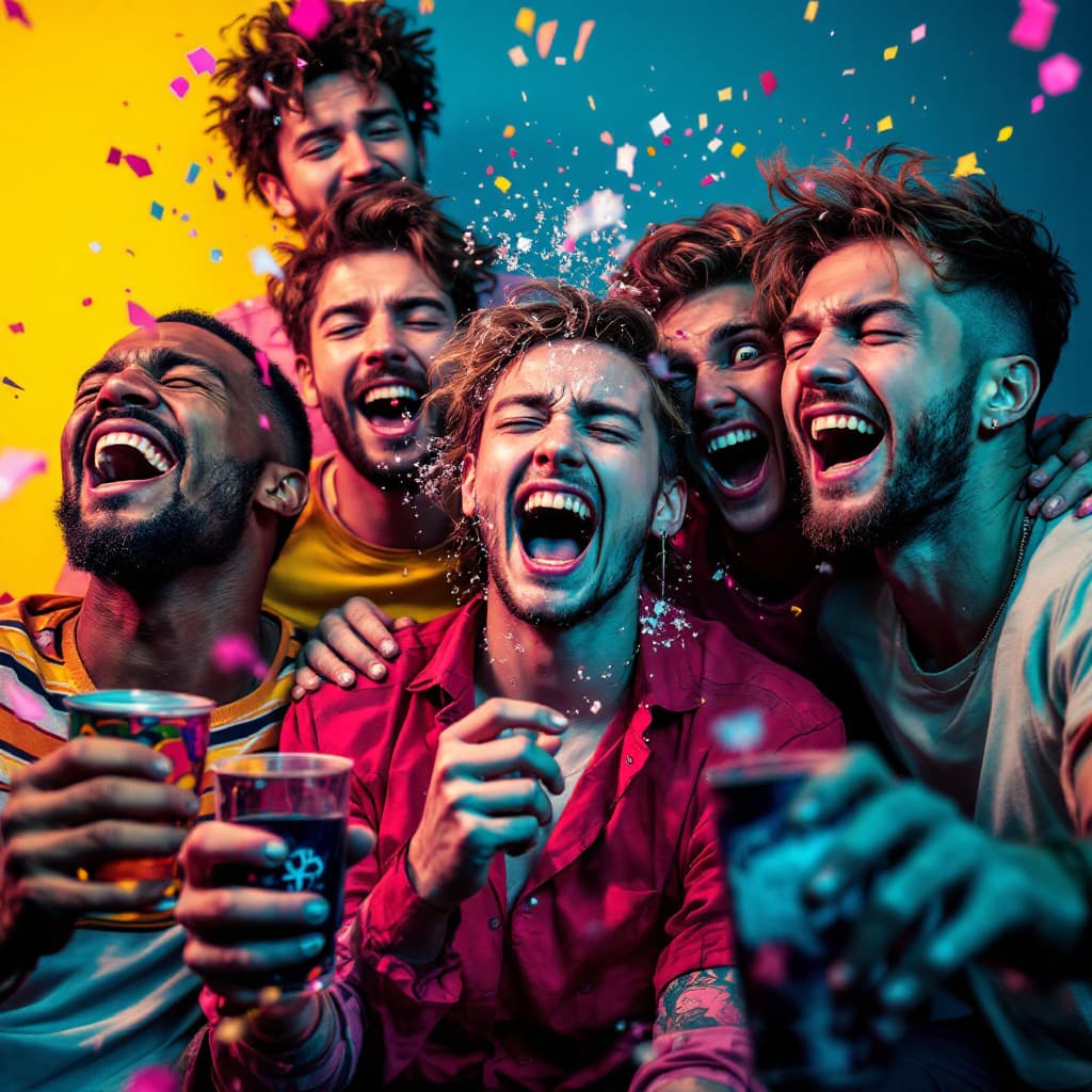 AI generated: Hyperrealistic photo of a group of 5 Slavic friends in a chaotic burst of laughter, each showing a d...