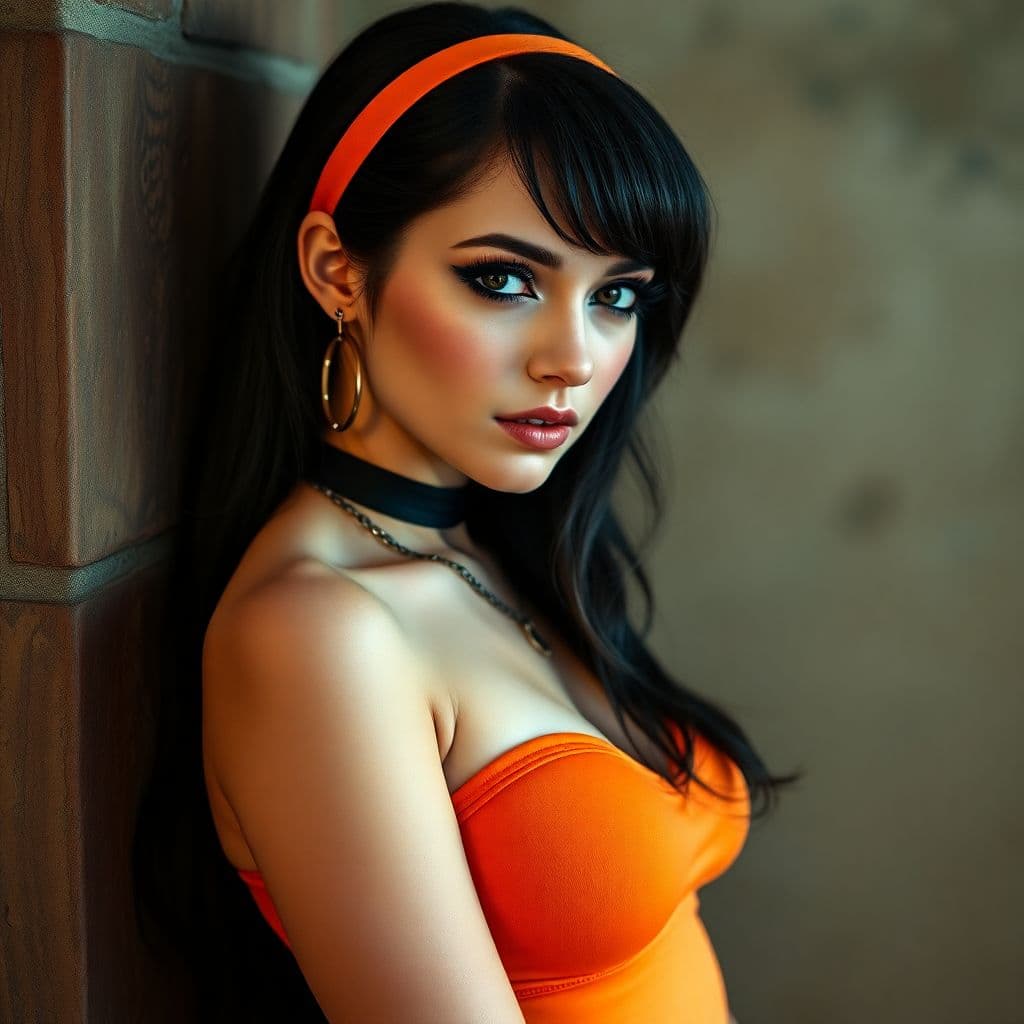 AI generated: velma from scooby-doo, beautiful charismatic girl, showing piercing, athletic body, a woman an orang...