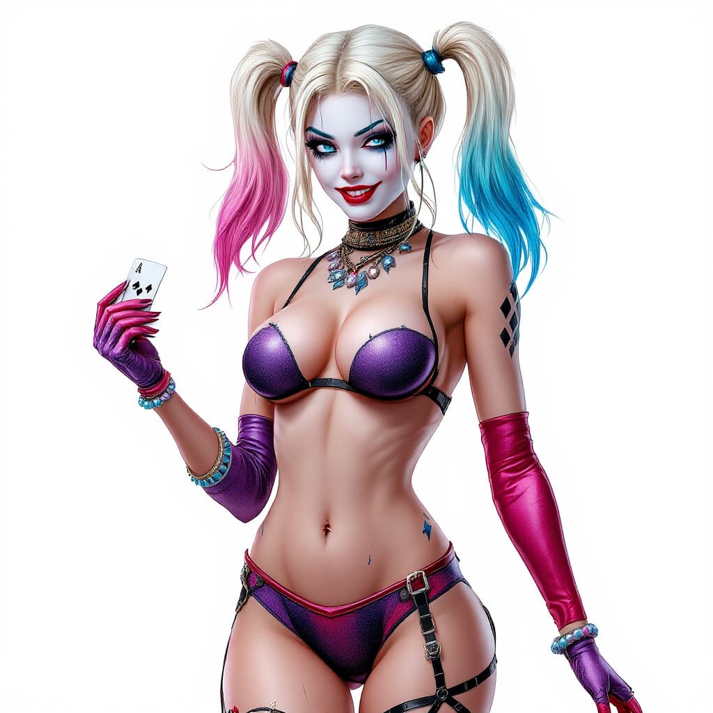 AI generated: Harley Quinn full body long shot,  with crystal blue eyes, pretty face,  sexy pose in  her  original...