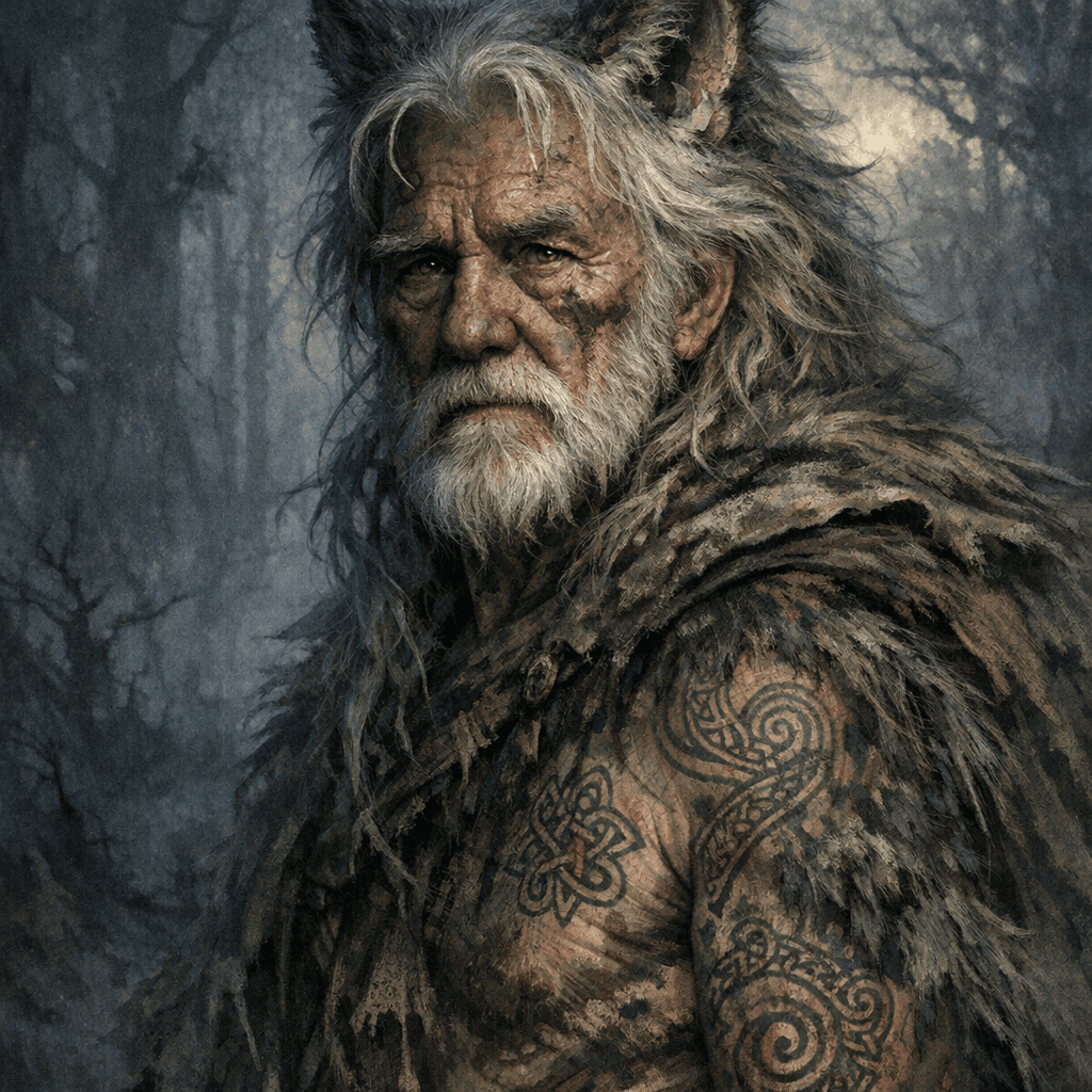 AI generated: Kenny in mid-transformation, wolf features emerging, very old but still human eyes filled with 300 y...