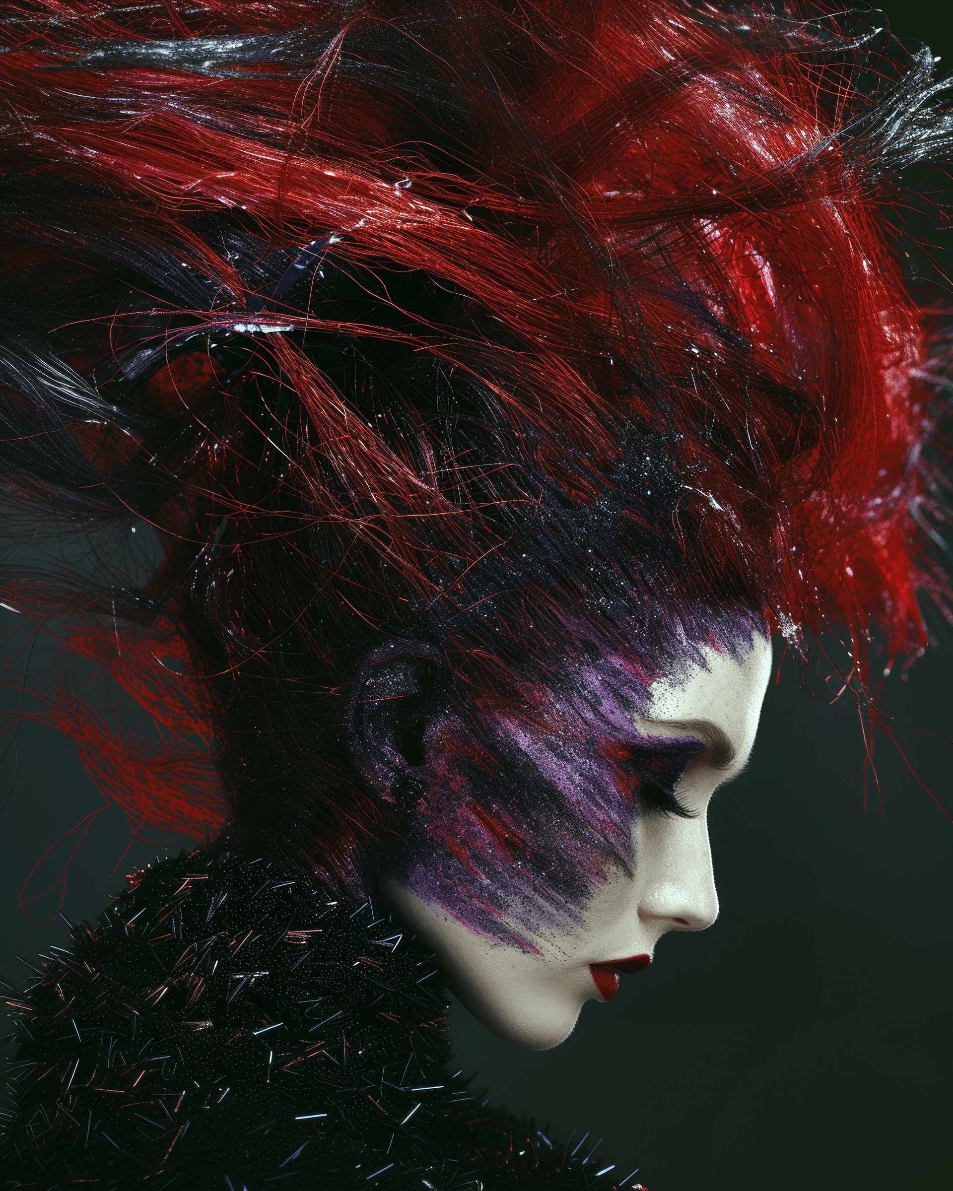 AI generated: a woman with her hair covered in red and purple, in the style of wet-on-wet blending, dark white and...
