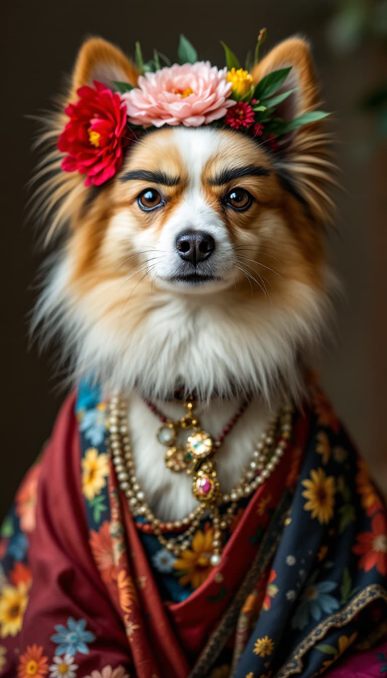 AI generated: A dog dressed up as Frida Kahlo, 
Japanese Spitz, with flowers on its head and an eyebrows-on-eyebro...
