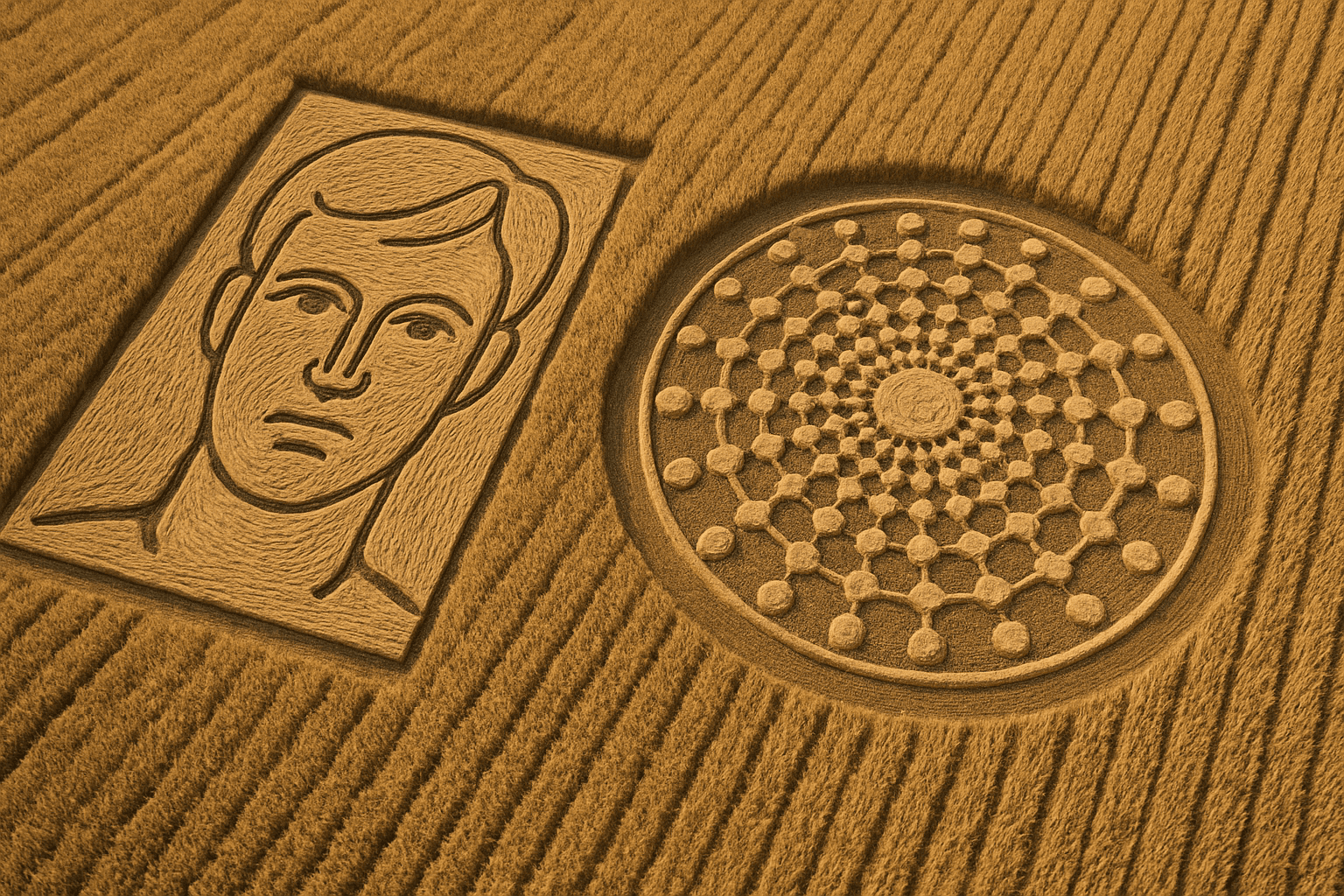 AI generated: Create an image of two crop circles in a wheat field from an aerial perspective. One crop circle sho...
