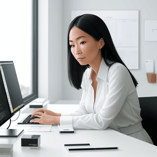 AI generated: modern, minimalist workspace, focused designer woman at a white desk, surrounded by objects of produ...