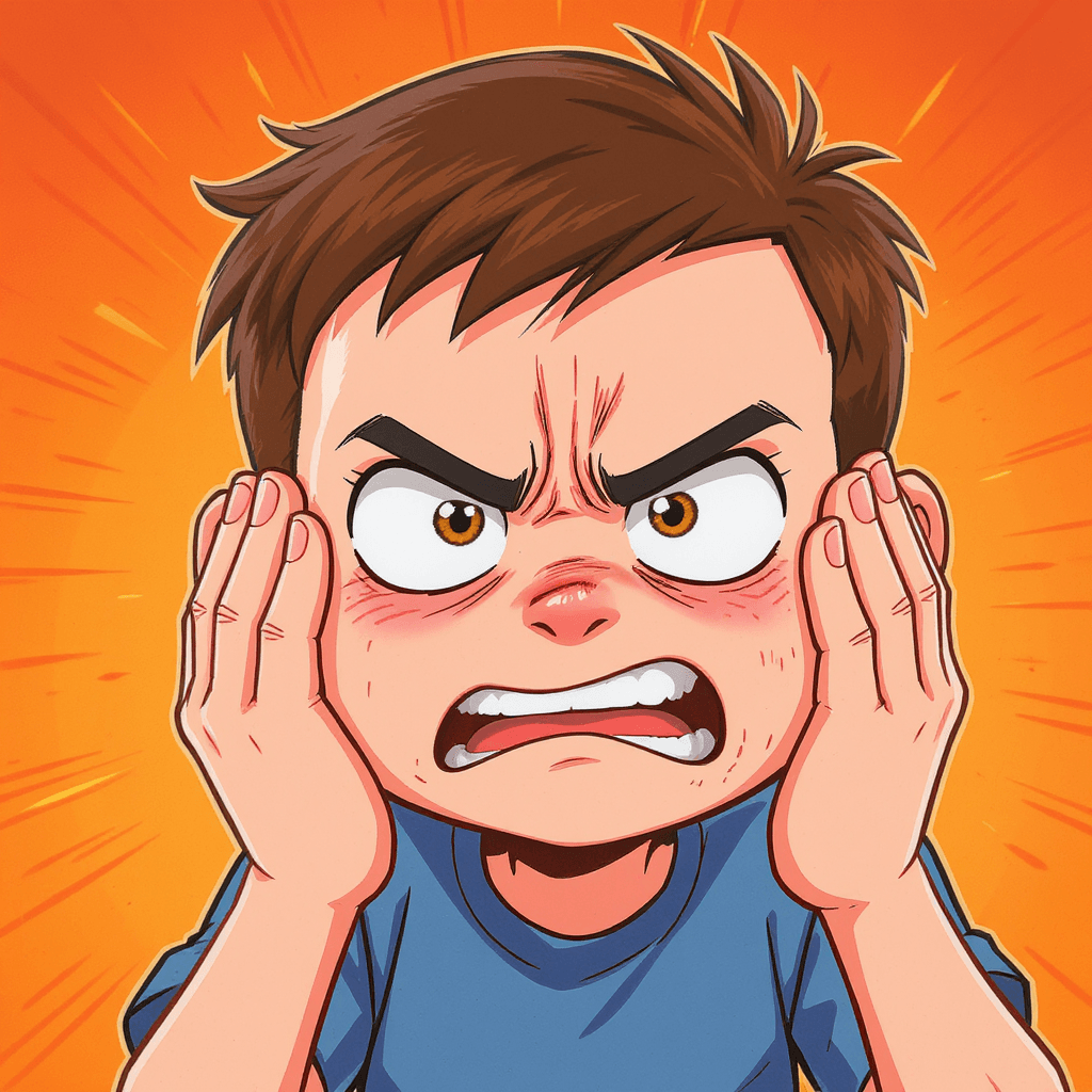 AI generated: cartoon. close up shot. 14 year old boy. short brown hair and brown eyes. angry and upset. pushing c...