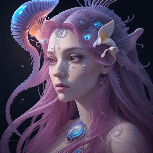 AI generated: Goddess close-up portrait ribcagel. jellyfish phoenix head, nautilus, orchid, skull, betta fish, bio...