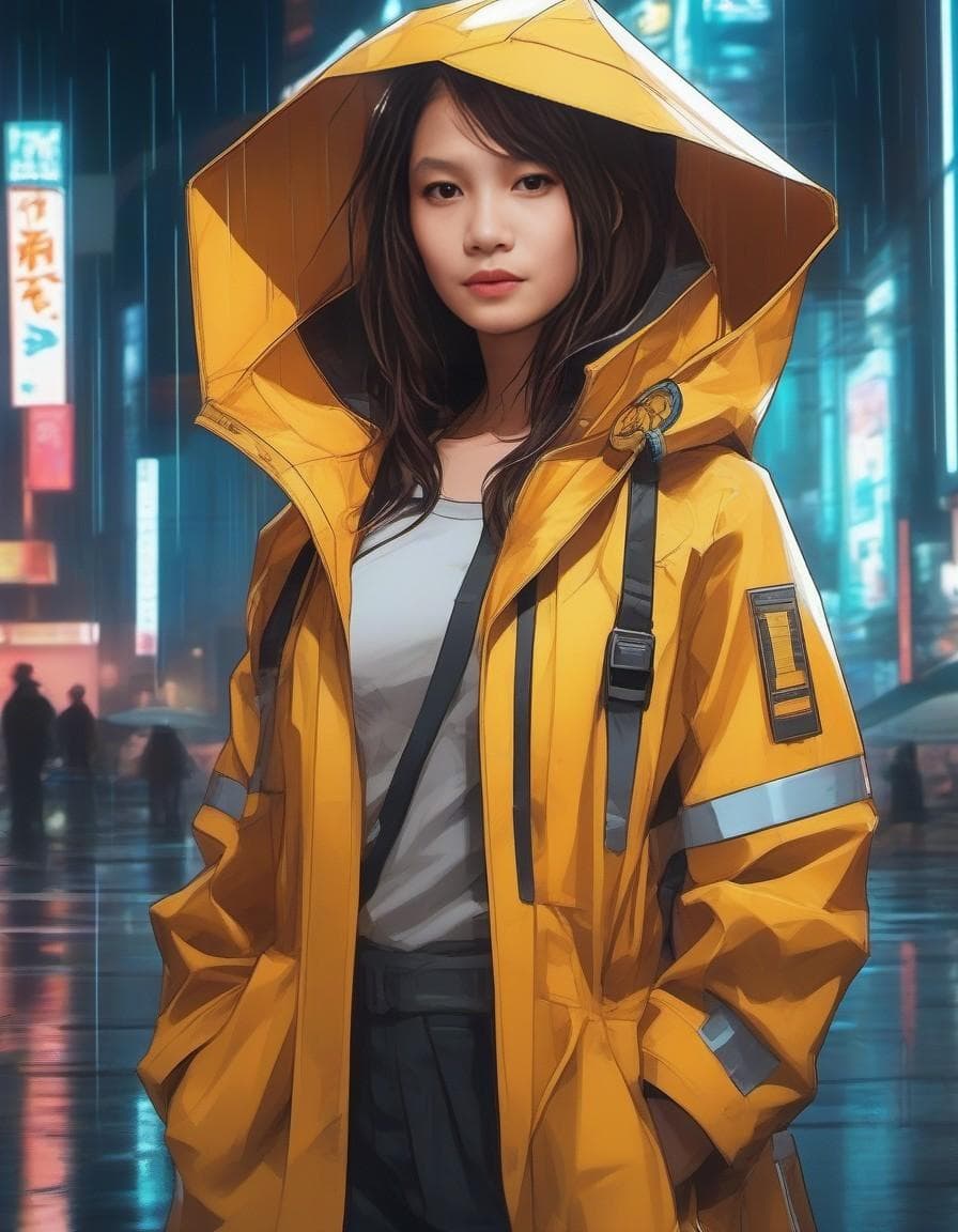 AI generated: a woman in a raincoat standing on a city street in anime style| detailed symmetric features| anime c...