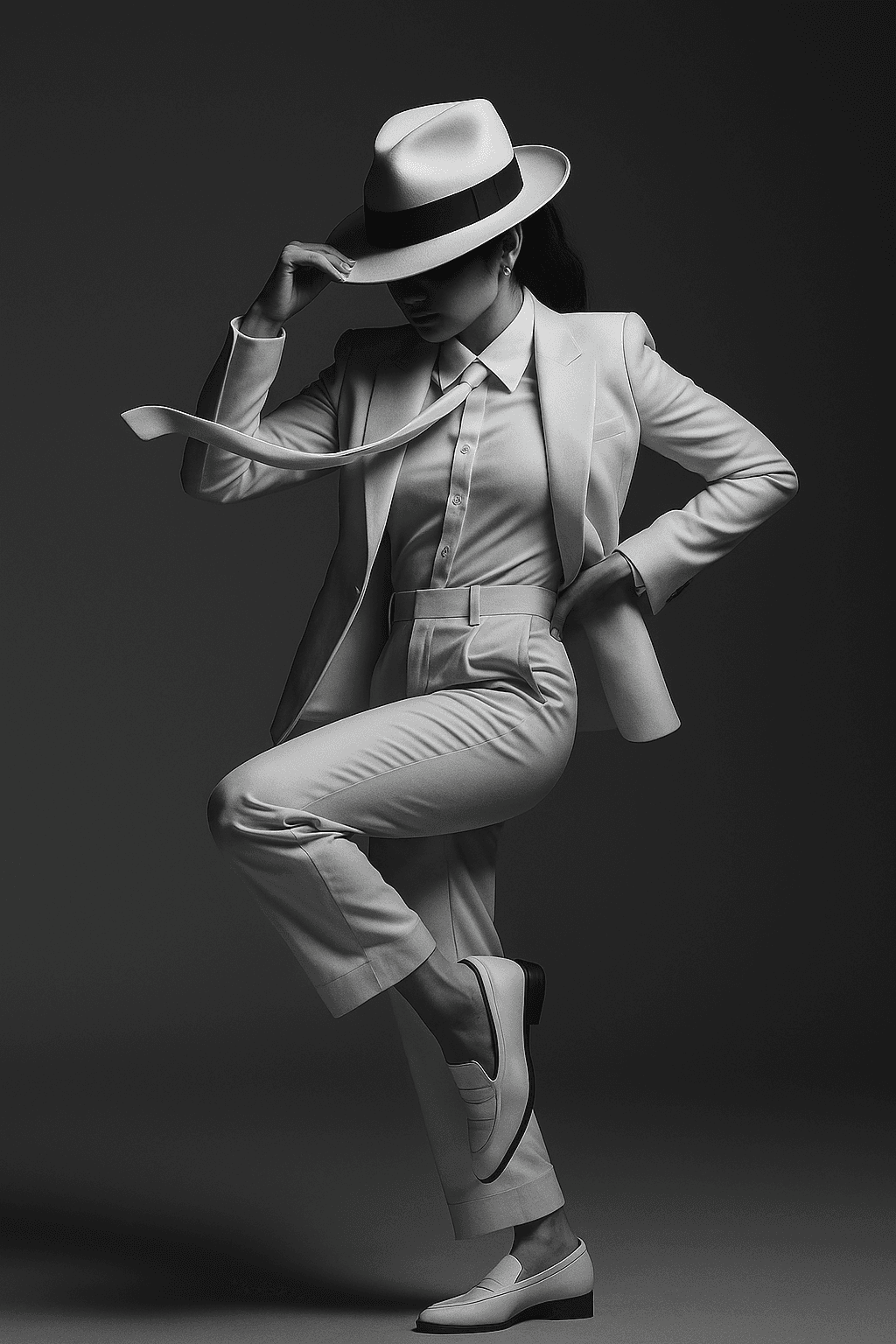 AI generated: Photorealistic black-and-white studio portrait, full-body female dancer in an all-white look: white ...