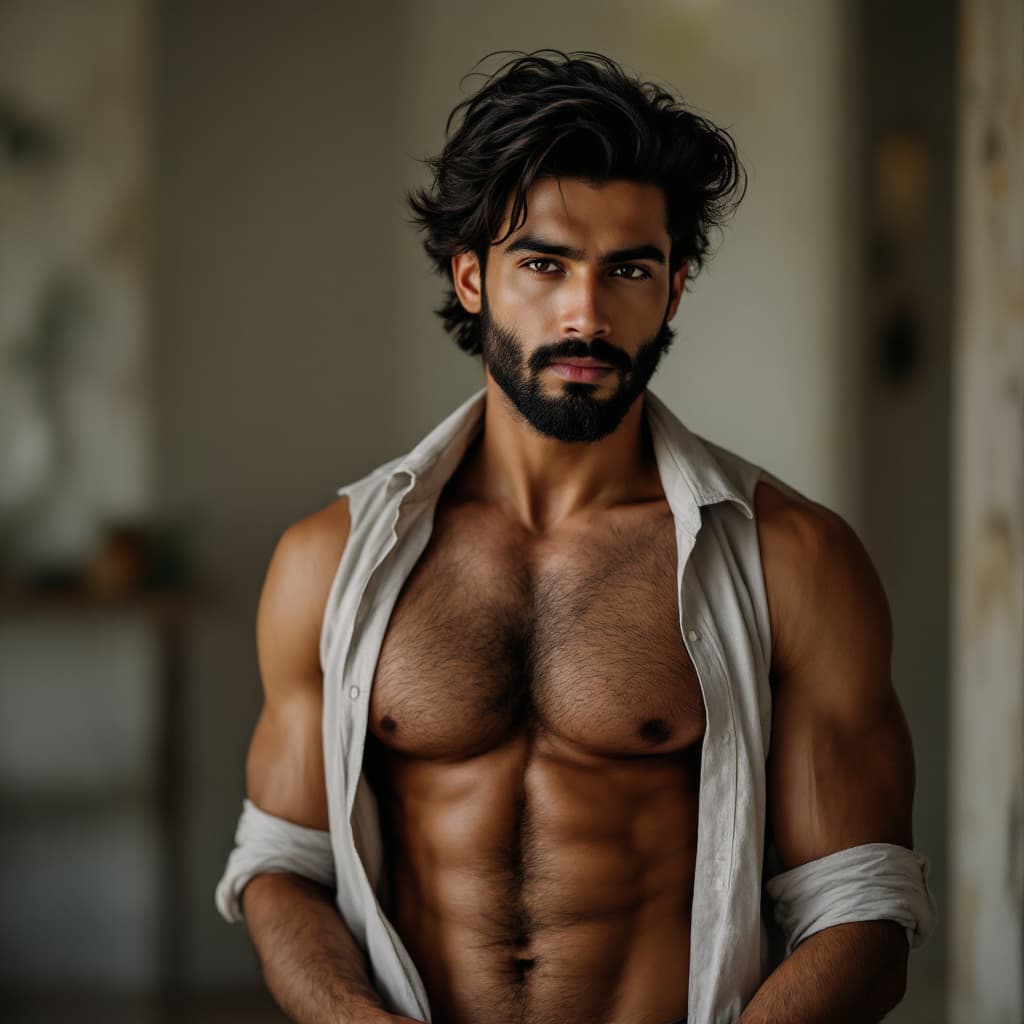 AI generated: Handsome fair young Indian man slowly removes his shirt and with hairy chest