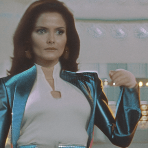 AI generated: Very young tall brunette hair slim Lynda Carter wearing satin shiny black long sleeves collar shirt,...