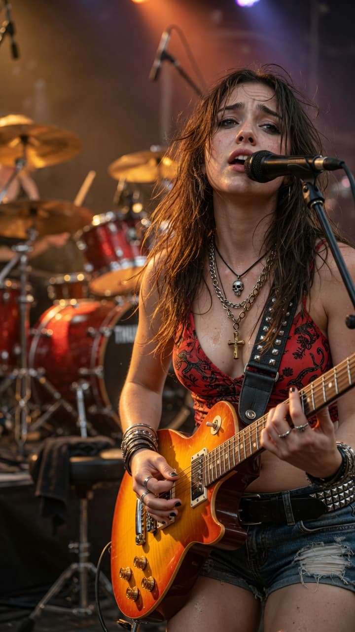 AI generated: Ultra-realistic live-action photograph of a stunning young female rock guitarist and singer performi...