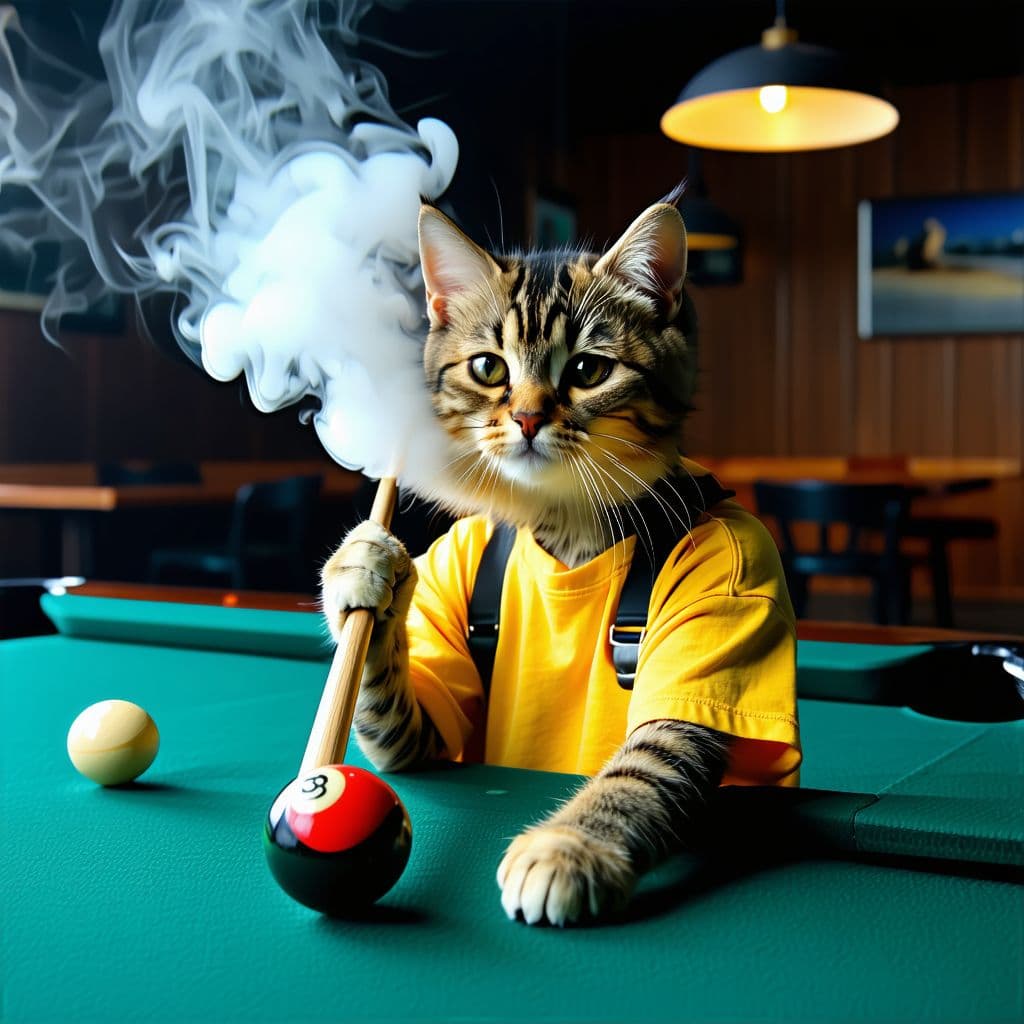 AI generated: Dramatic photo, visual tension, anthropomorphic real cute cat, wearing yellow casual wear, holding a...