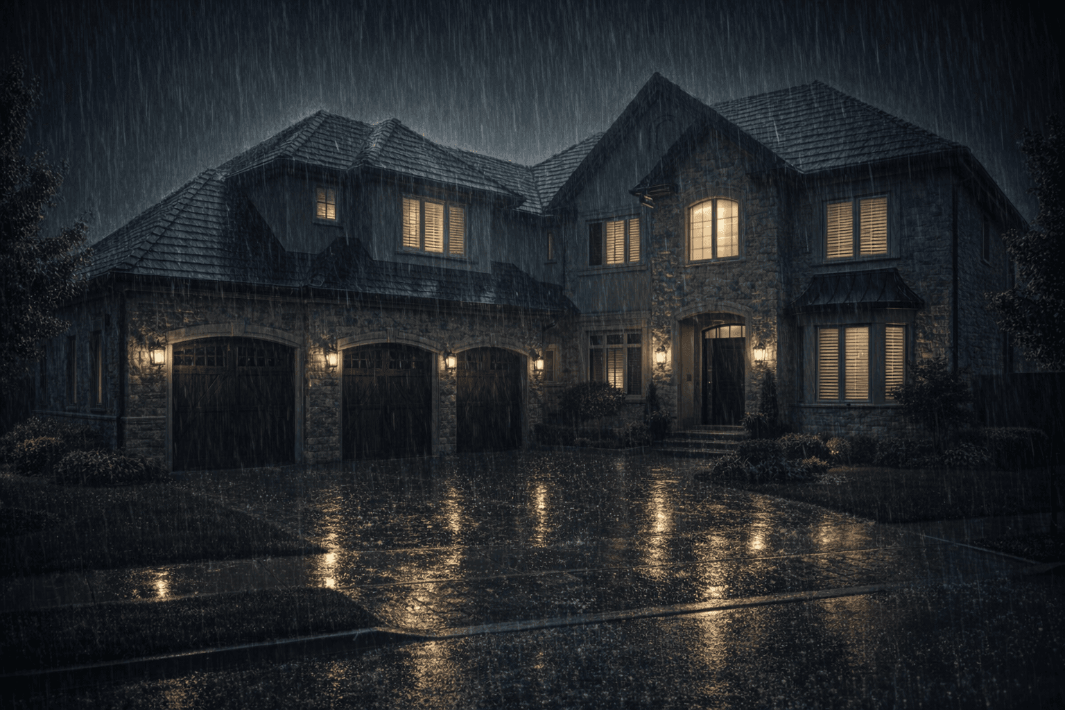 AI generated: Make the same house scene at night and raining heavily.  