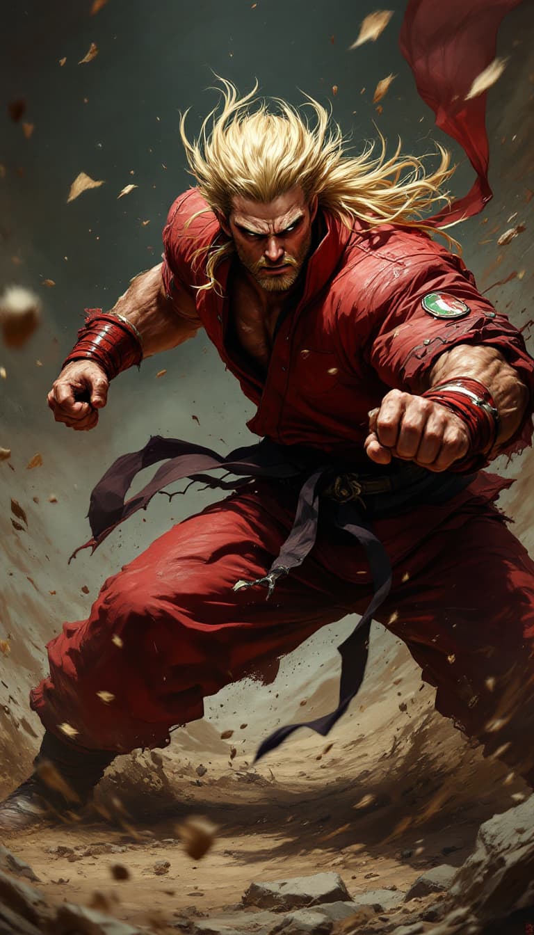 AI generated: *"Um poderoso artista marcial, Ken Masters, em uma postura de luta intensa e dinâmica. Ele veste seu...