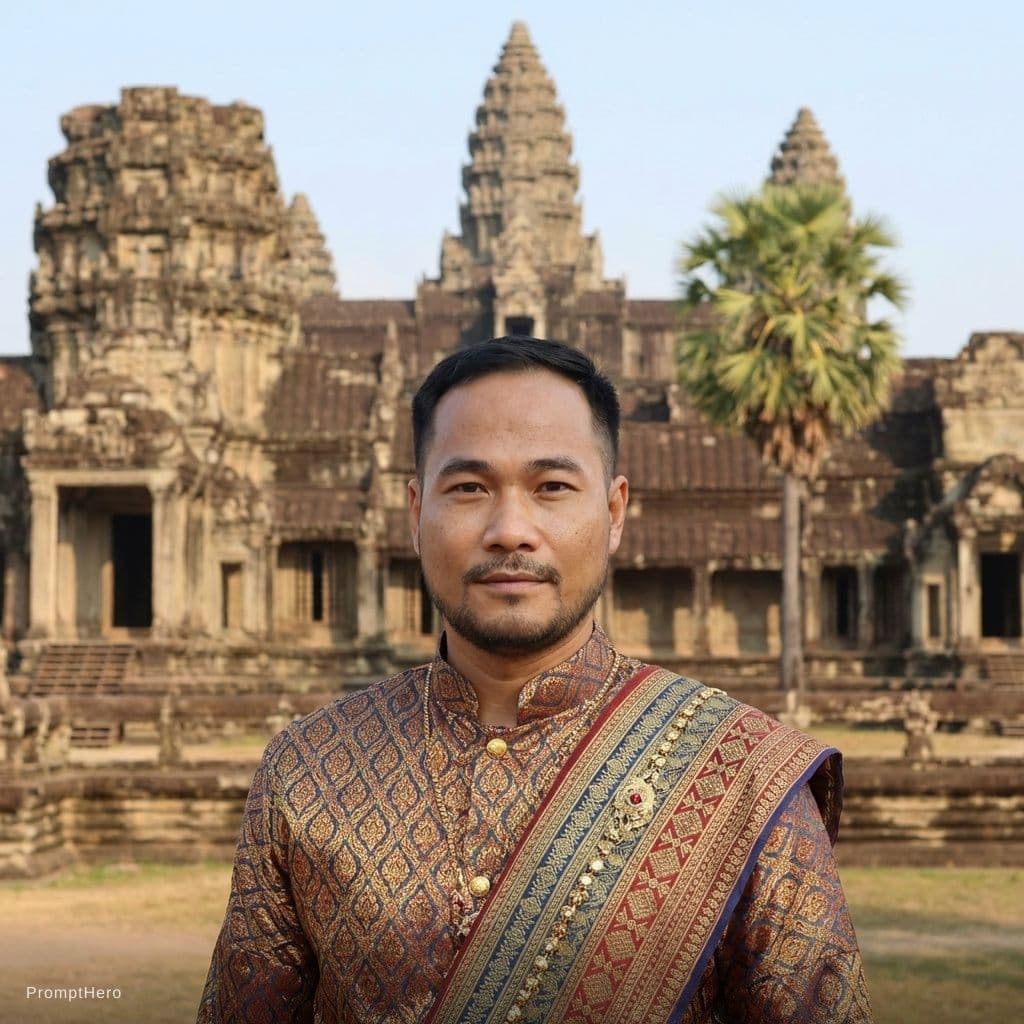 AI generated: Make my hair become shorter 
Wearing KHMER MEN TRADITIONAL CLOTHING 
Keep original face and features...