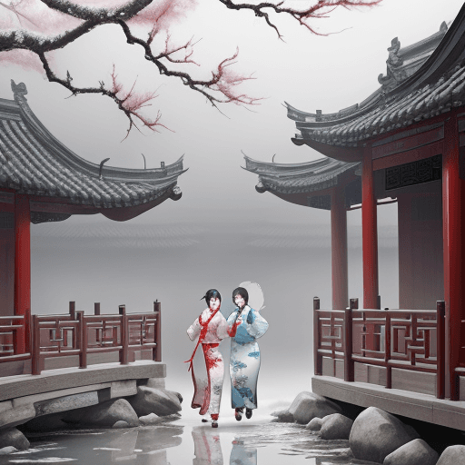 AI generated: Two women walking in a Chinese garden, wearing Hanfu and flowing robes, in the style of Chinese ink ...