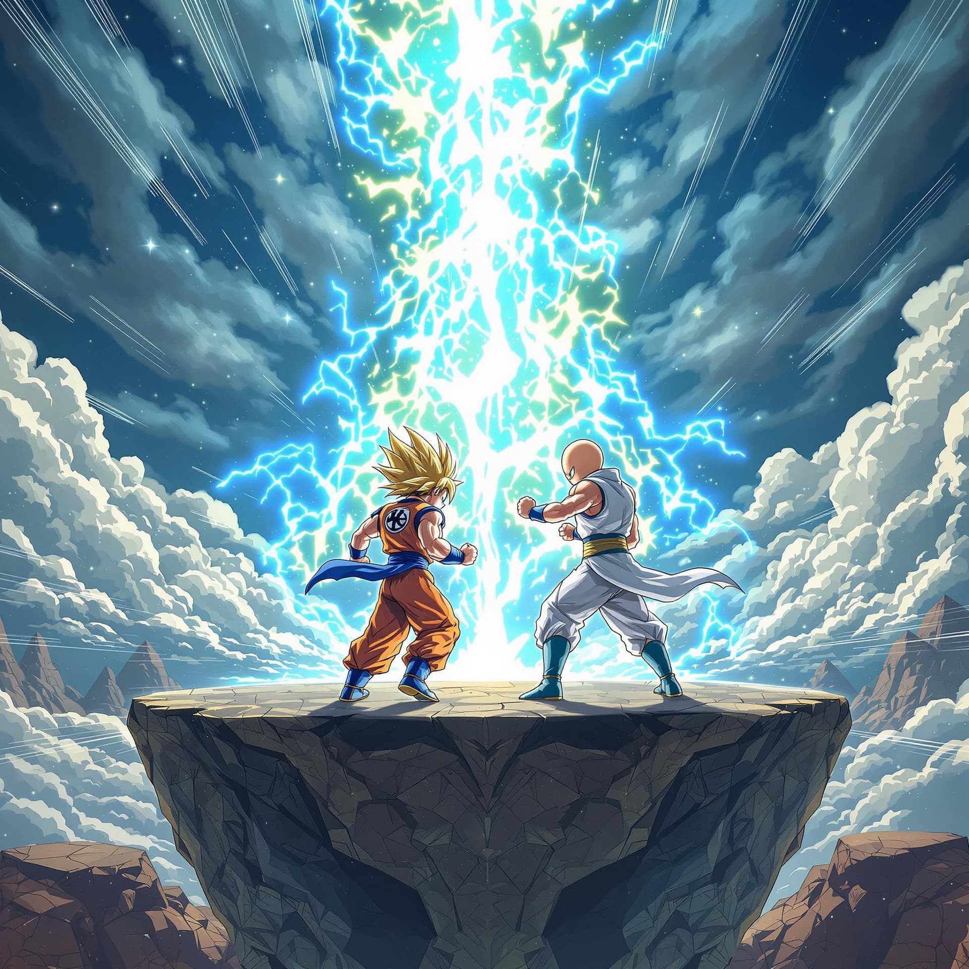 AI generated: A son goku powerful golden-haired by Dragon Ball Z. and a saitama  By One Punch Man martial artist f...