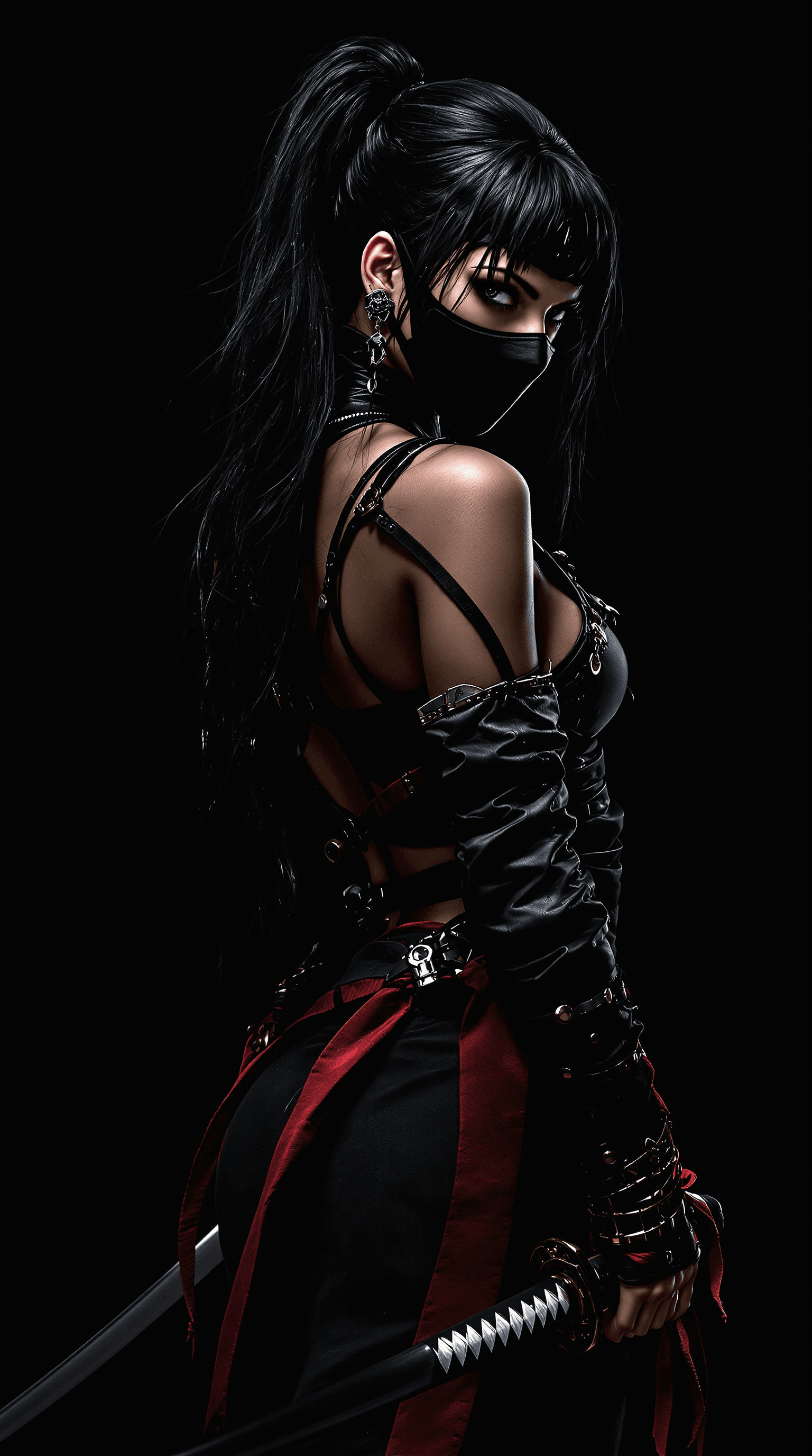 AI generated: Female shinobi looking back, shot from behind, masked, visible long black hair, with katana, dark pa...