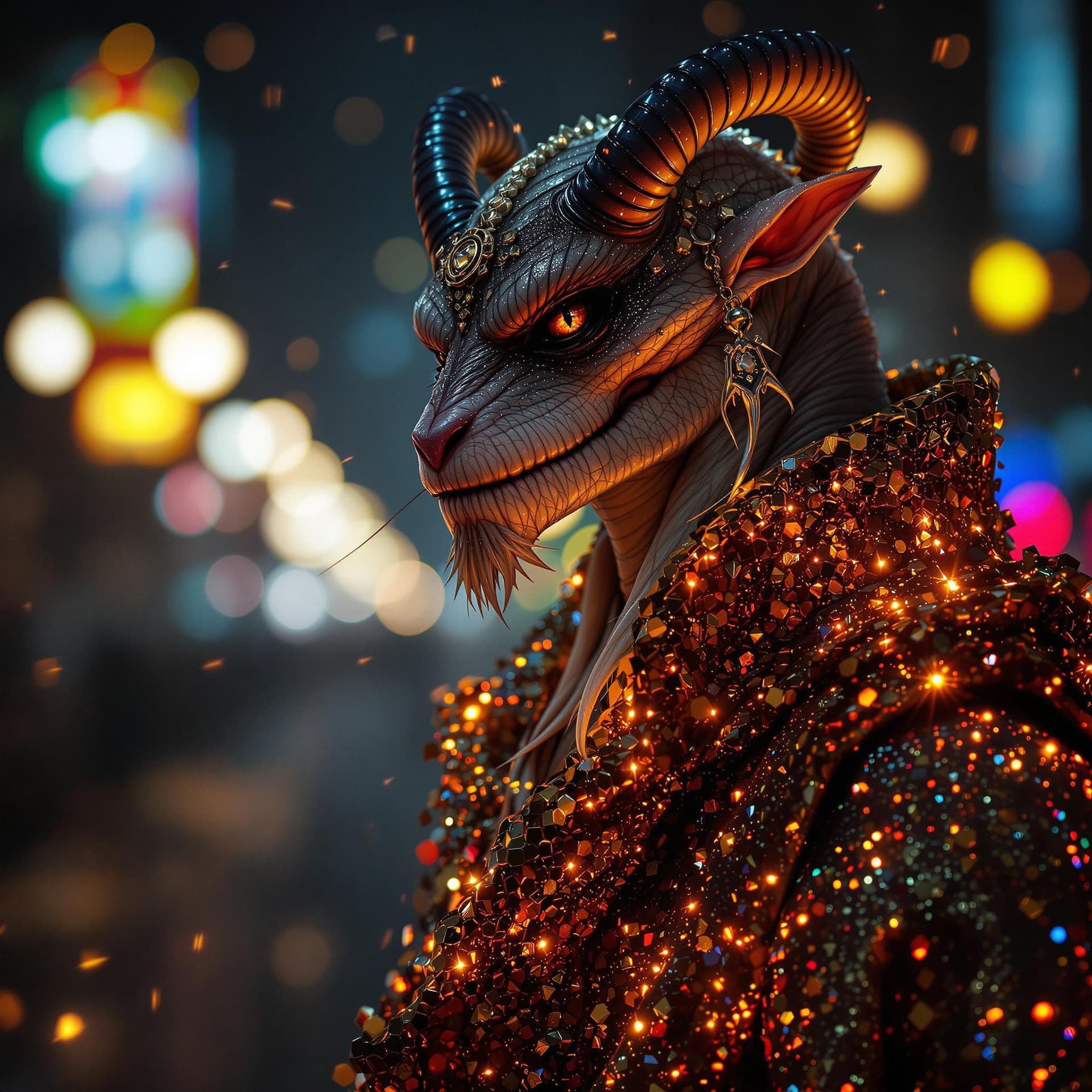 AI generated: Hyper detailed anthropomorphic targarian in glittering clothes, hyper-realistic and hyper-detailed, ...