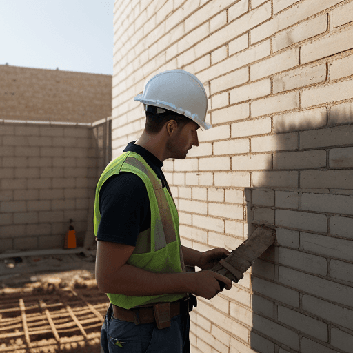 AI generated: Ultra-realistic photograph of a contemporary worker in Spain, building a brick wall on a modern cons...