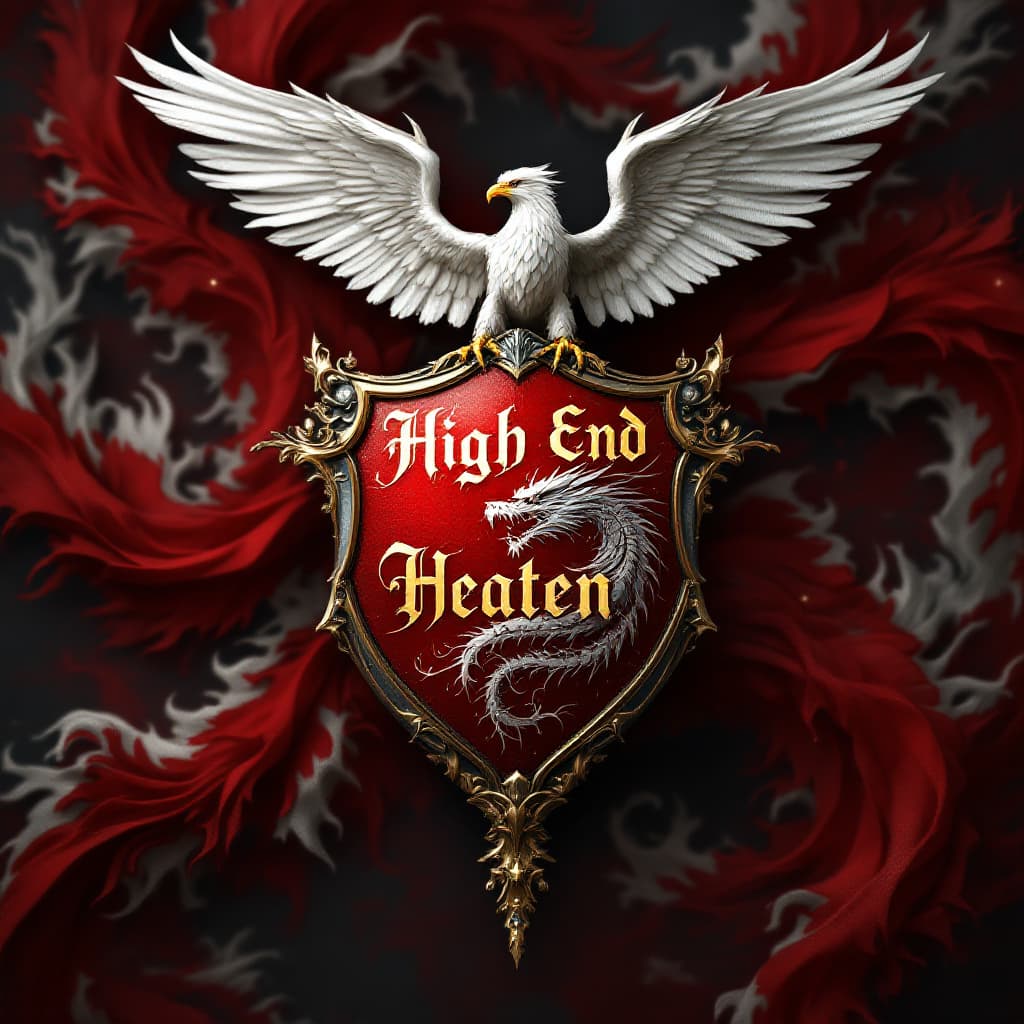 AI generated: magina photorealistic photo. coat of arms shield. on the shild writing in gold HIGH END HEATHEN WITH...