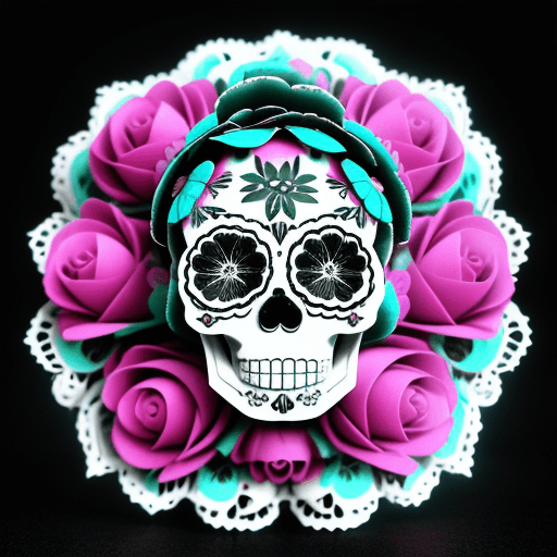 AI generated: Vintage beautiful colorful 3d puffy papercut of sugar skull with flowers on monochrome Mexican isola...