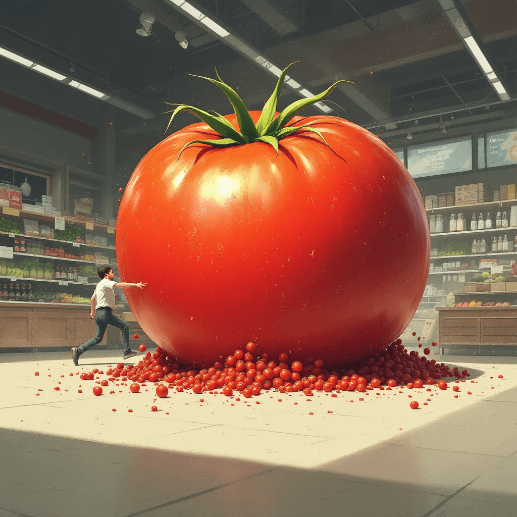 AI generated: a giant tomato on the ground chasing after people store ,  the customers are running away from it 
 ...