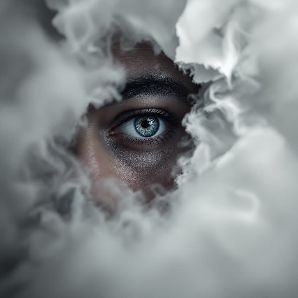 AI generated: A hyperrealistic, cinematic shot , white background of an eye peeking through ripped paper with the ...