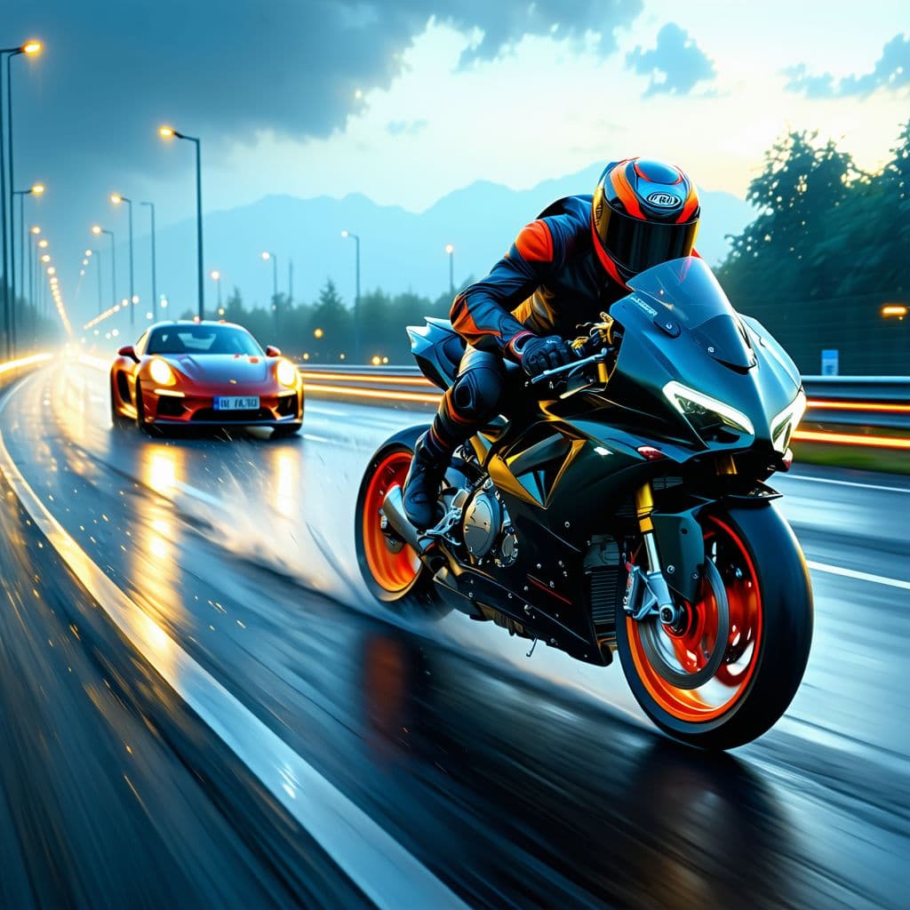 AI generated: The image depicts a surreal scene on a highway. A RACE MAN riding A DUCATTI MOTO  speeding down the ...