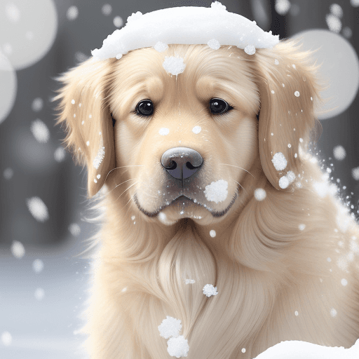 AI generated: Pixar cartoon style Golden retriever with snow background, snow on nose, cute sad eyes expression, h...
