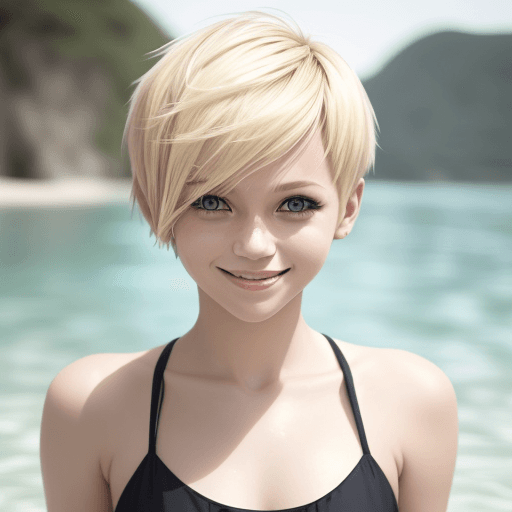 AI generated: A photo of a blond beautiful girl, smiling, Asymmetrical Cut hair style, swimming dress, outdoor vie...
