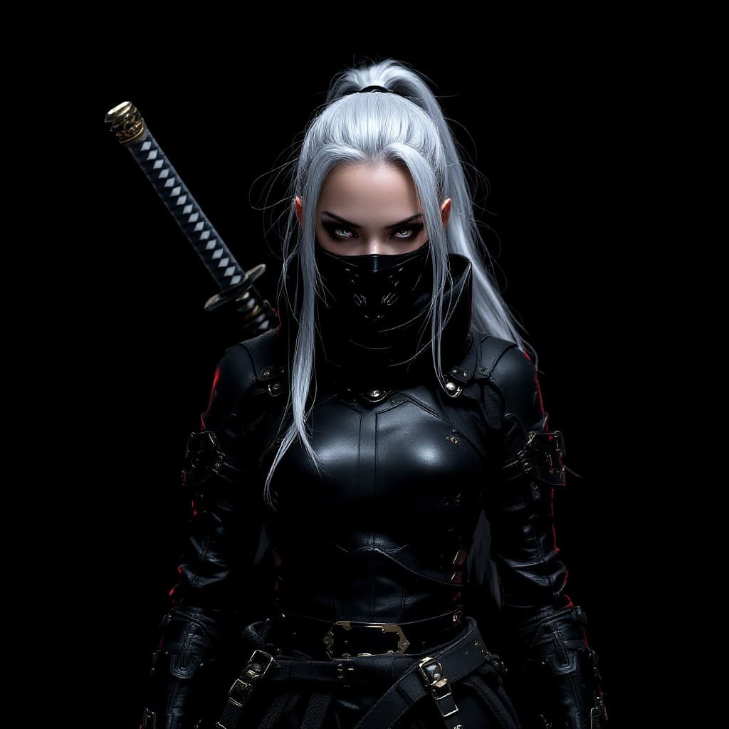 AI generated: Female shinobi standing forward, shot from a distance,  cyberpunk masked, visible long silver hair, ...