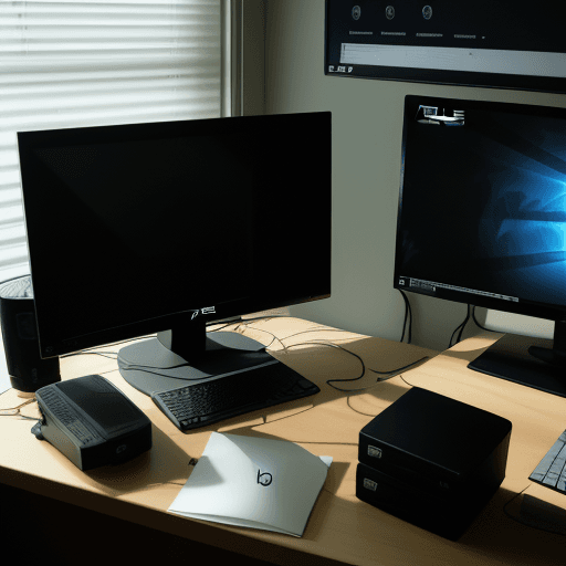 AI generated: A realistic, dramatic image of two computer monitors, one asus laptop and one other monitor and run ...
