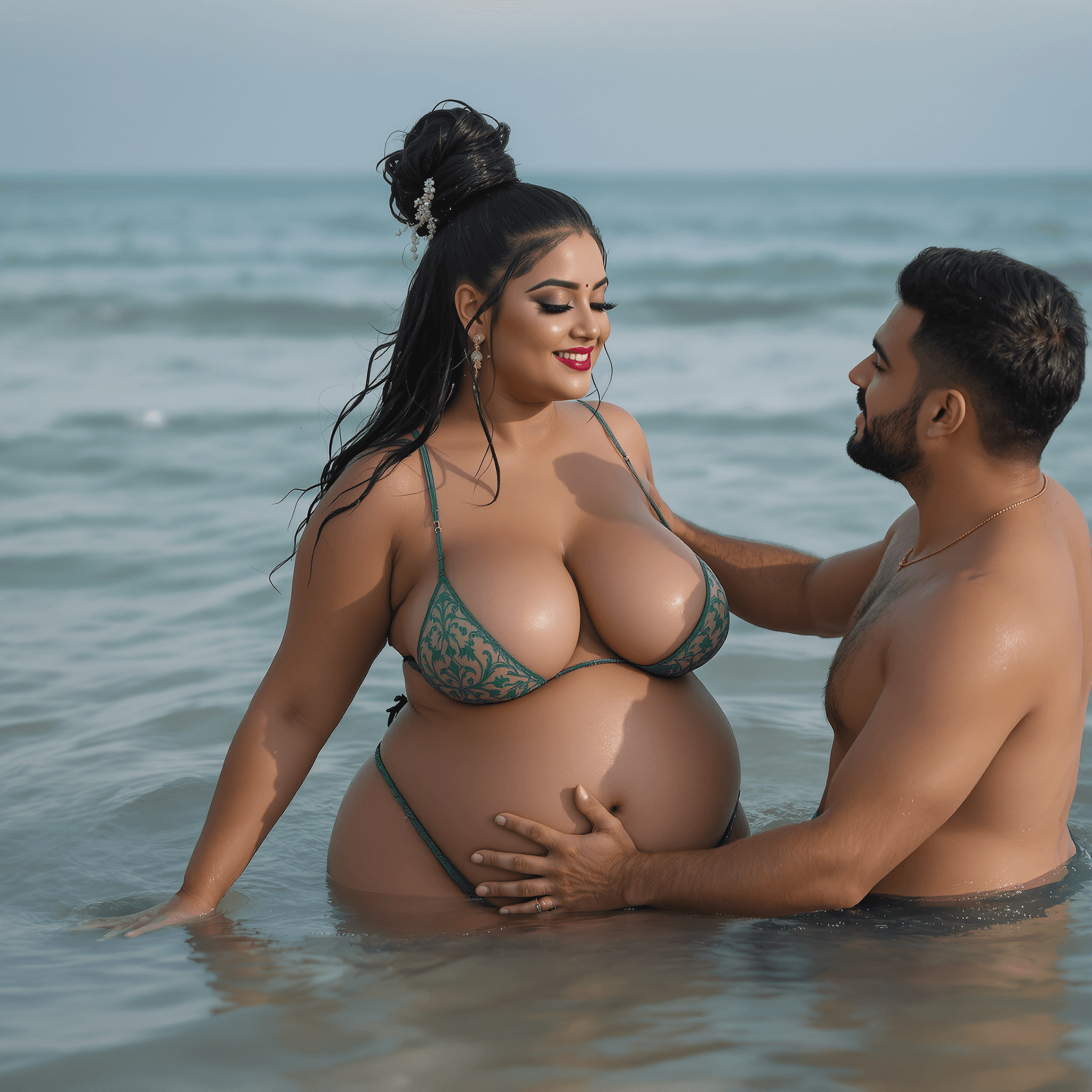 AI generated: A sexy beautiful naked boobs Indian cute  sexy woman plus size on sea water playing g with water  sh...